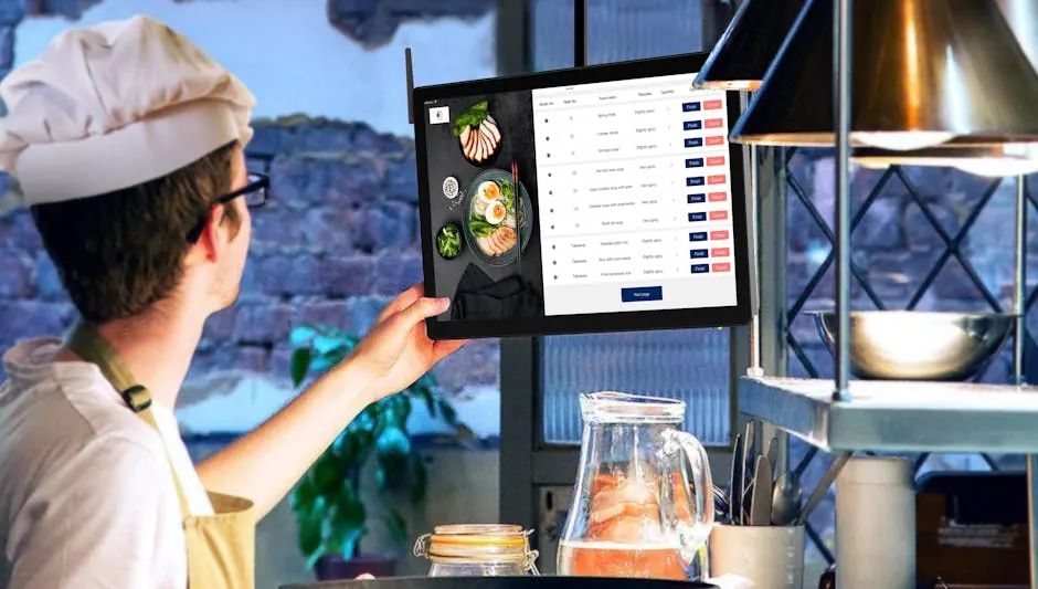 Een chef gebruikt een tablet in een professionele keuken