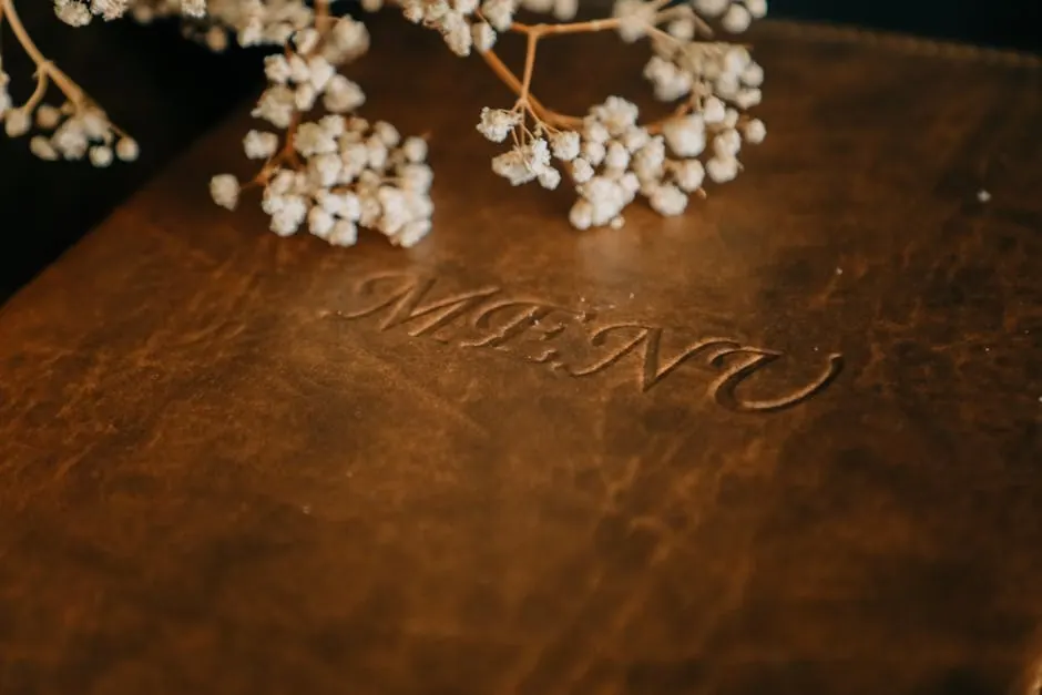 Close-up of a brown leather menu adorned with baby's breath flowers, perfect for upscale restaurant settings.