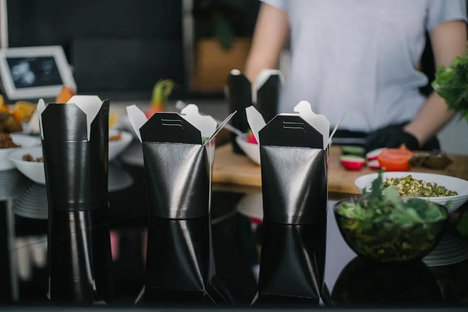 Keuken met afhaal-verpakkingen klaar voor bezorging