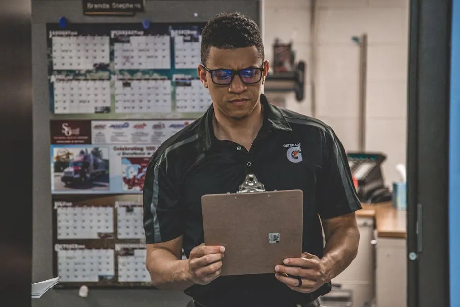 Iemand controleert receptuur op een klembord in een keuken