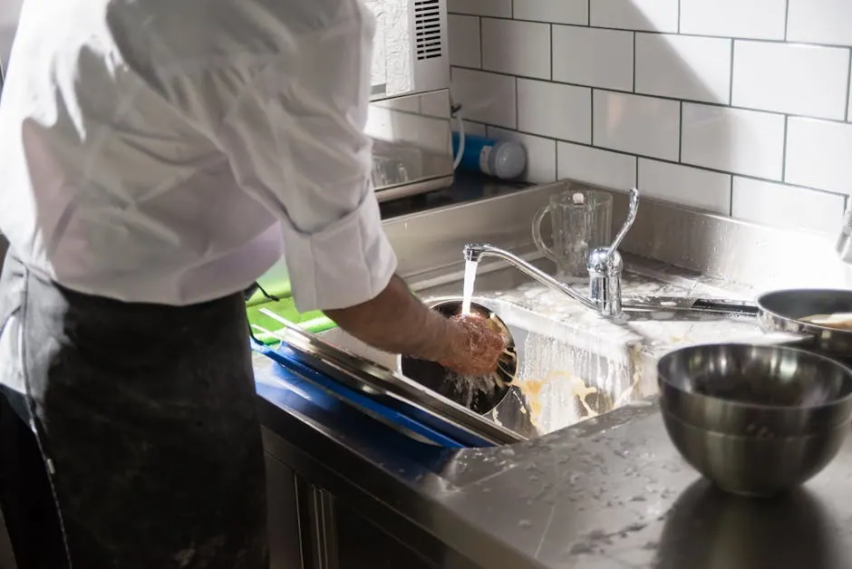 Een chef wast zijn handen bij de gootsteen in een keuken