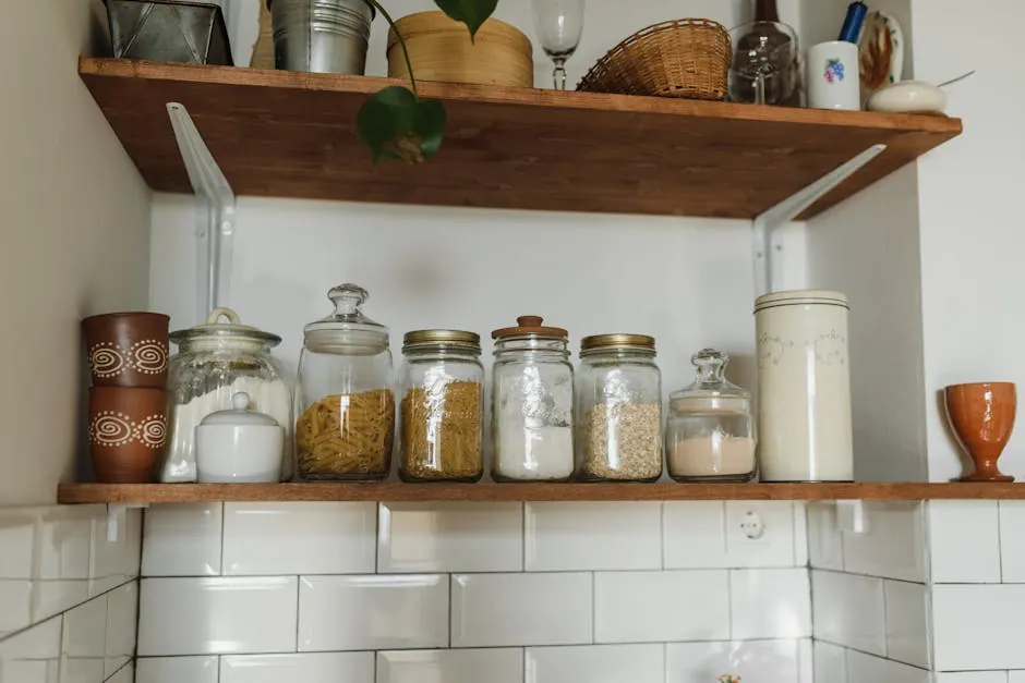 Een georganiseerde keuken-voorraadkast met schappen